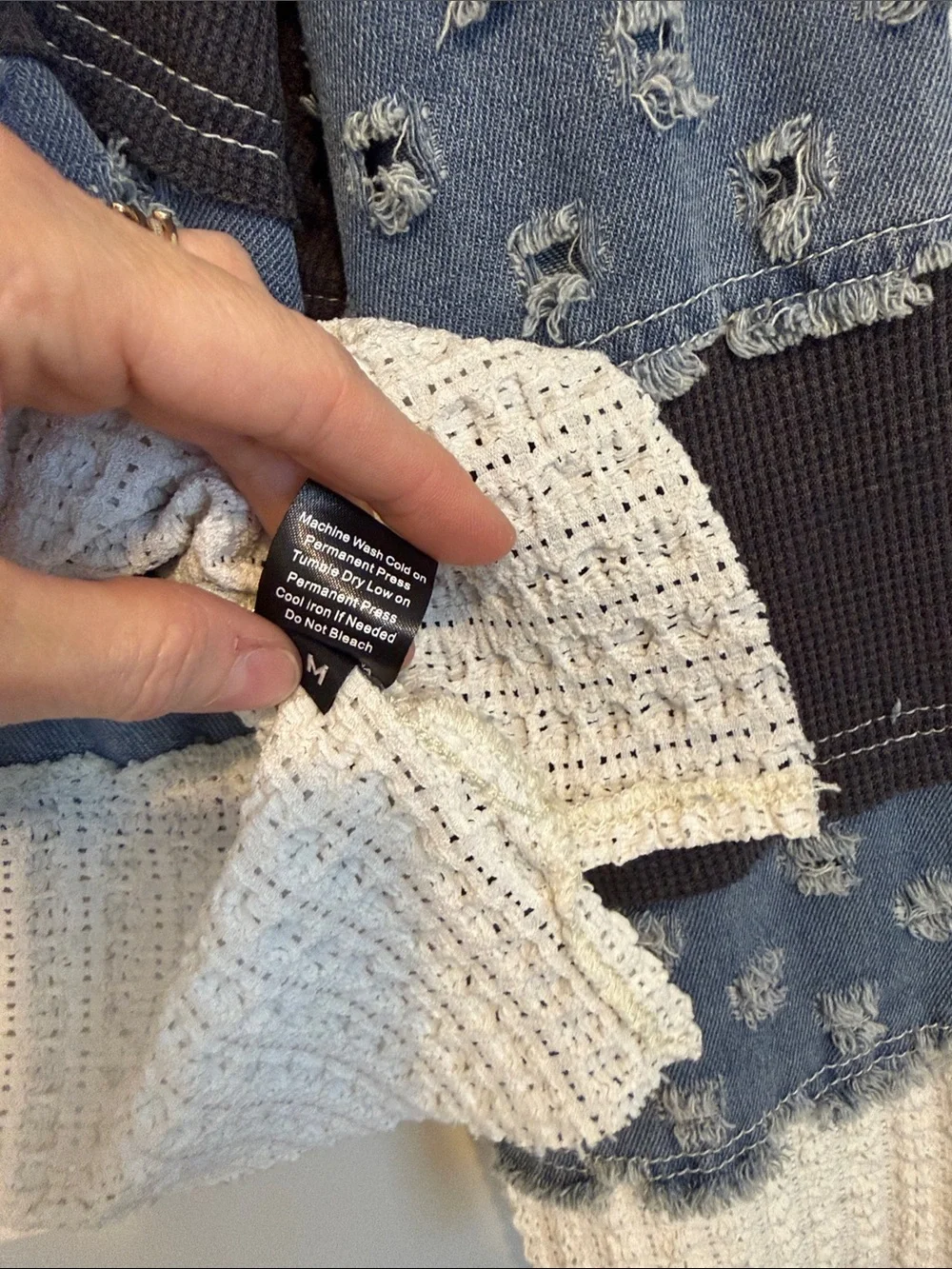 Pol Distressed Patchwork Pullover - Blue, Dark Gray, Cream - Picture 4 of 15